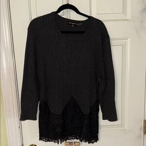 Karl Lagerfeld Charcoal Grey  Ribbed Sweater with Black Lace Hem